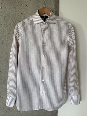Banana Republic White Linen Blend Dress Shirt with Brown Pinstripes S